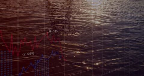 Data Charts Overlay on Sea Reflecting Peaceful Sunset