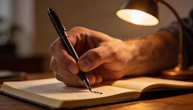 Closeup Hand Writing in Lined Notebook under Warm Desk Lamp for Journaling and Note-taking