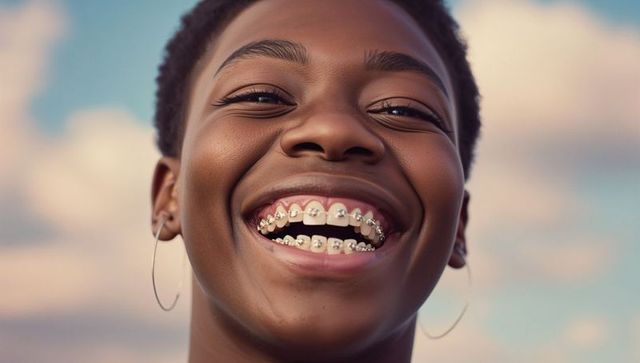 Teen with Colorful Braces Smiling Under Sky