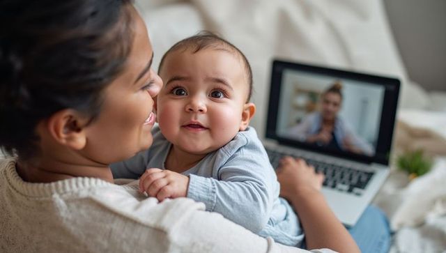Mother holding baby during laptop video call, cozy close-up bonding moment at home