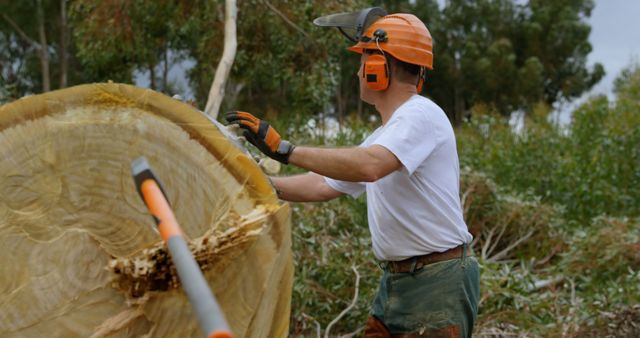 Lumberjack Cutting Large Tree Trunk in Forest Wearing Safety Gear - Download Free Stock Images Pikwizard.com