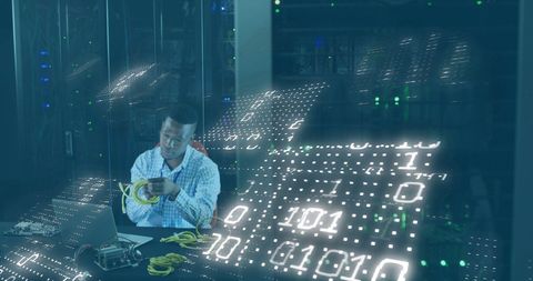 Technician Managing Network Cables in Data Center with Binary Overlay - Download Free Stock Images Pikwizard.com