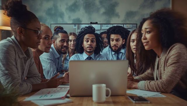 Diverse Business Team Collaborating on Laptop in Conference Room