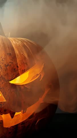 Panning Vertical Video Revealing Carved Jack-o'-lantern with Pulsing Light and Smoke