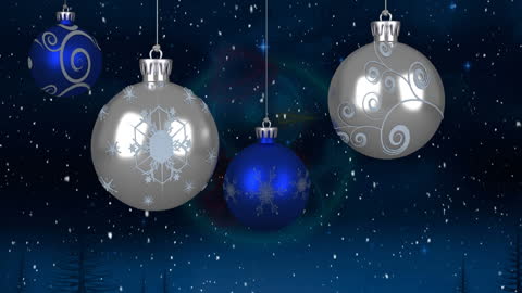 Christmas Baubles and Falling Snow with Illuminated Snowman