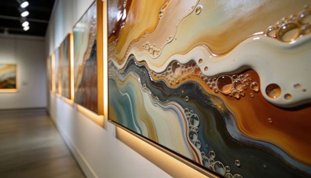 Displaying framed resin art with marbled waves and bubbles in contemporary gallery