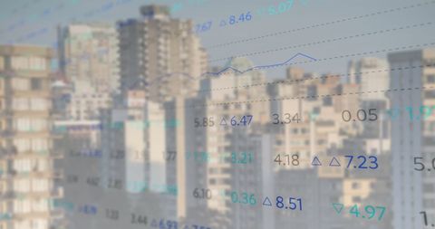 Financial Data Analytics Overlay on Urban Cityscape Background