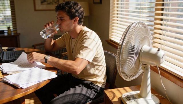 Man working from home drinking water while sorting papers next to fan