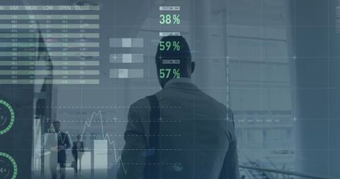 Businessman analyzing digital financial data with infographic overlay
