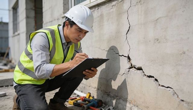 Construction inspector documenting concrete wall crack and damage report at building site
