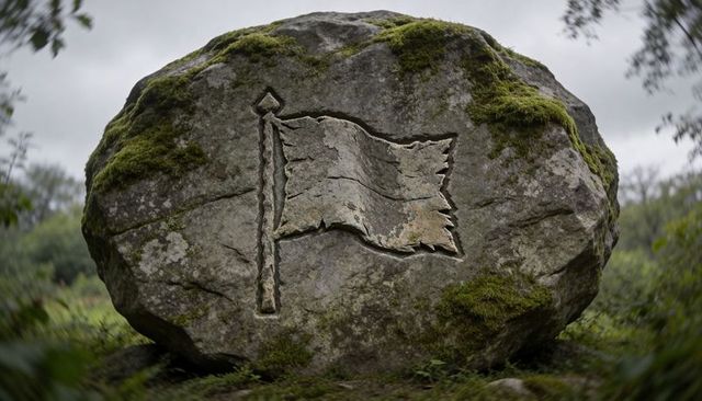 Moss-covered boulder with carved waving flag relief in misty ancient forest clearing