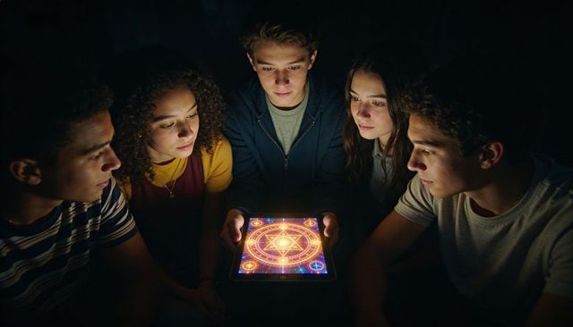 Teenagers gathering around glowing tablet showing mystical sigil in dim basement