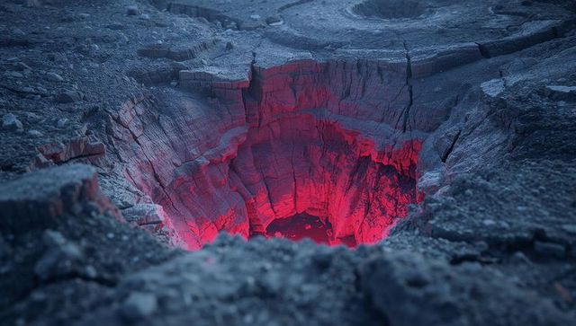 Glowing red crater amidst rugged badlands mystery