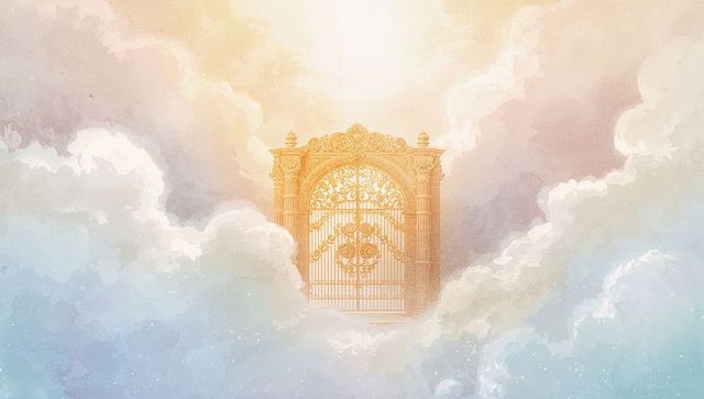Golden Ornate Heavenly Gate Above Mystical Pastel Clouds