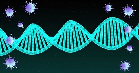 Abstract dna helix with virus icons on dark background
