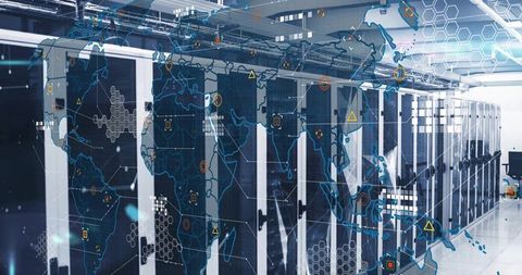 Futuristic data center with holographic world connectivity