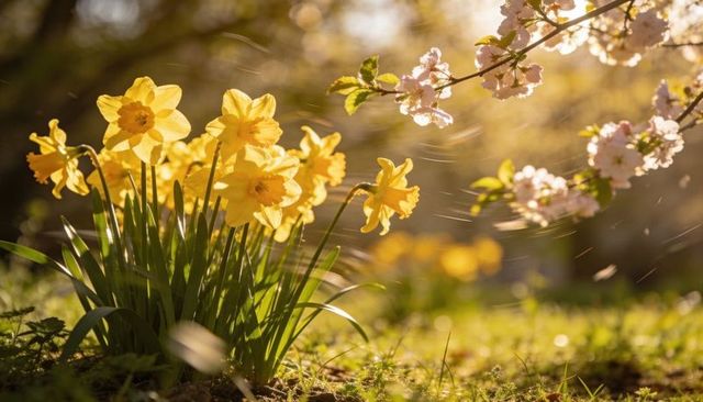 Yellow daffodils swaying in golden hour light with pink blossom petals drifting
