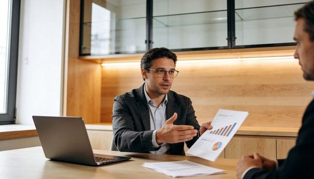 Consultant presenting financial charts and growth metrics to client during office meeting