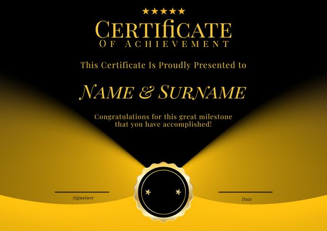 Elegant certificate template featuring gold accents and a black background. Perfect for academic achievements, professional recognitions, or any special milestone. Editable fields for name, surname, date, and signature allow for customization. Suitable for use in educational institutions, corporate settings, and various award ceremonies.