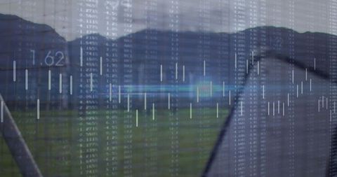 Golfer in motion on mountain fairway blended with candlestick chart