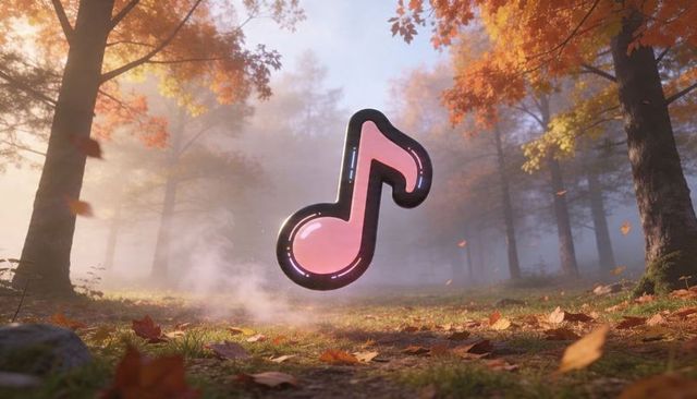 Glossy magenta musical note levitating above misty autumn forest clearing with glowing rim