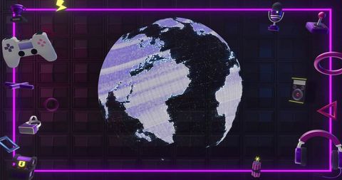 Intergalactic Tech Globe with Gaming Icons in Neon Theme - Download Free Stock Images Pikwizard.com