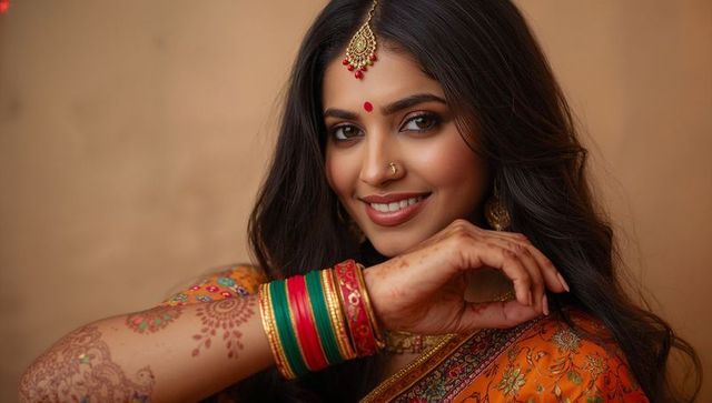 Smiling indian woman wearing orange silk saree with henna, bindi and layered gold jewelry
