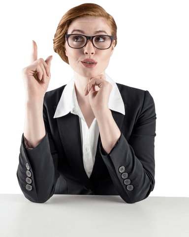 Cheerful Professional Businesswoman Pointing Up on Transparent Background