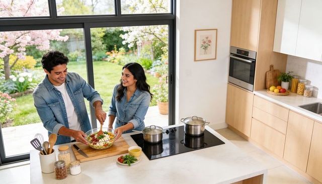 Couple preparing fresh garden salad together in sunlit modern kitchen with glass bowl