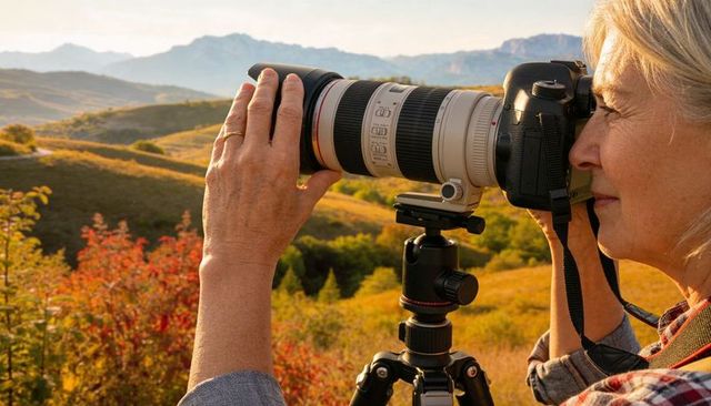 Senior woman photographing autumn mountain landscape with white telephoto lens on tripod