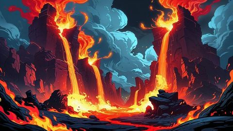 Molten hell lava cascading down jagged automésgenerated cliifs in fiery canyon