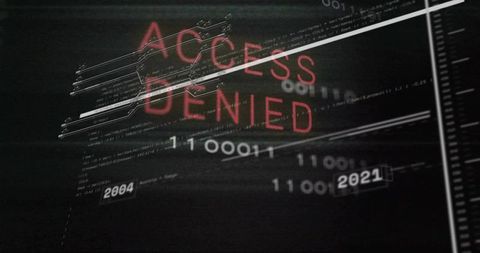 Access denied cybersecurity interface showing binary glitch overlay with 2004 and 2021