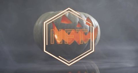 Neon NFT Jack-o'-Lantern on Reflective Table with Fog, Hexagon Overlay and Orange Glow