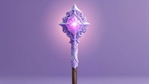Ornate purple staff with crystal head on lavender background