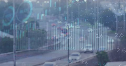 Data Visualization Overlay on Busy Urban Road for Digital Finance Concept