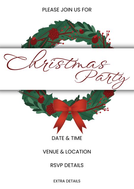 Please join us for christmas party with date, time, venue, location, rsvp details text and wreath. Illustration, invitation card, holiday, celebration, festival, tradition, design, creative, template.