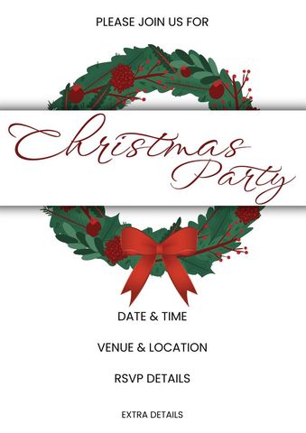 Please join us for christmas party with date, time, venue, location, rsvp details text and wreath. Illustration, invitation card, holiday, celebration, festival, tradition, design, creative, template.