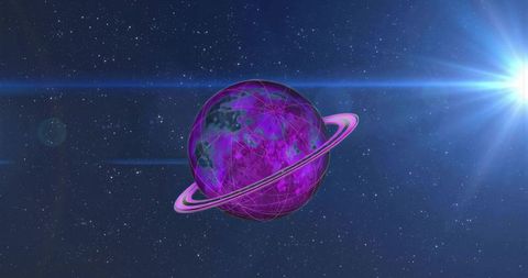 Futuristic purple planet with rings and lens flare in space