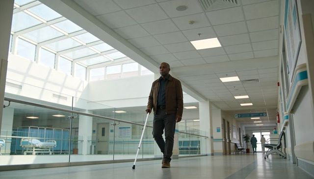 Visually impaired man walking with white cane through sunlit hospital corridor and atrium