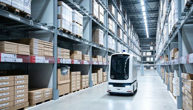Autonomous warehouse robot navigating high-bay pallet racks for logistics automation