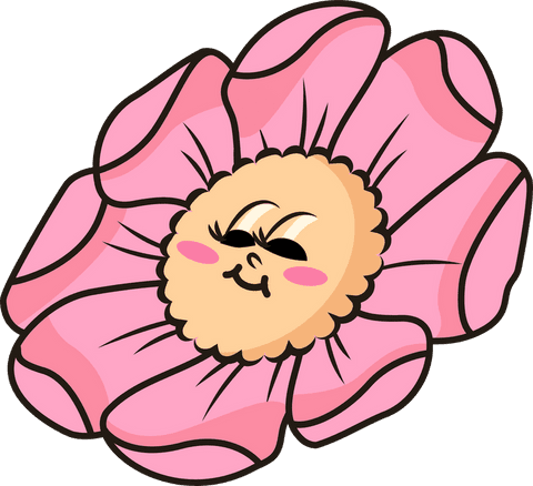 Whimsical pink blossom cartoon character on transparent background