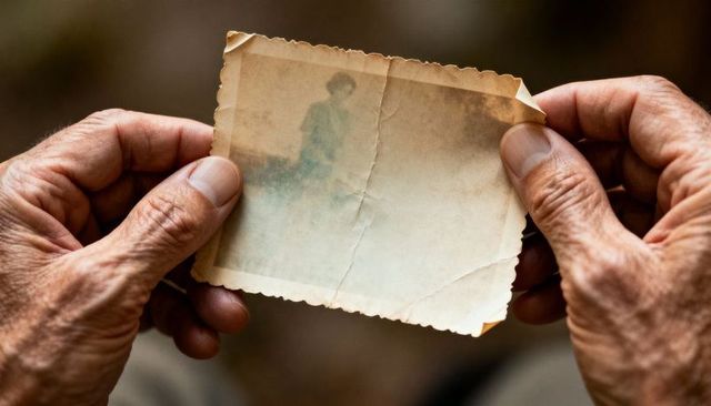 Senior hands holding faded vintage portrait print evoking memory, nostalgia and heirloom