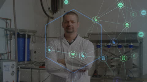 Innovative Scientist in Lab with Digital Technology Overlay