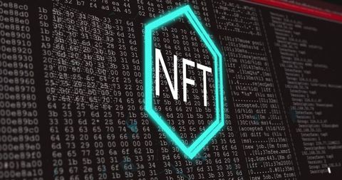 Glowing hexagon nft on coding background digital blockchain concept