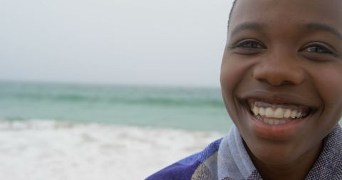 Close-Up Smiling African American Woman on Beach
