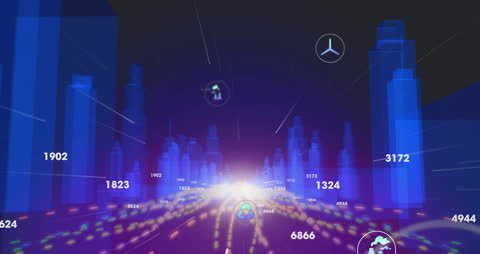 Futuristic Cityscape with Digital Interface Icons