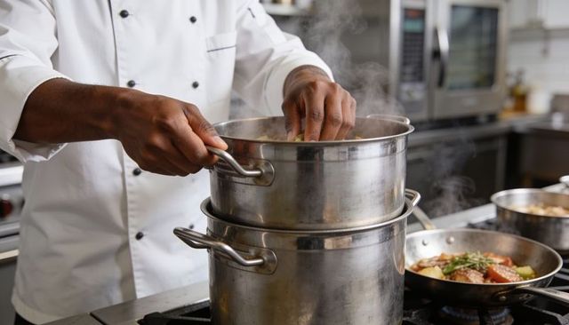 Professional chef stirring steaming stacked stainless pots on commercial kitchen gas range