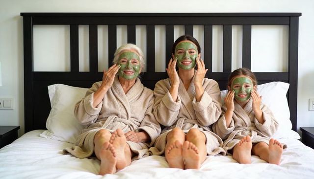 Three-generation family applying green face masks on bed wearing robes, cozy multigenerational pampe