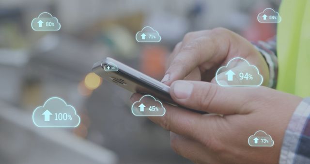 Close-up of Hands Using Smartphone with Cloud Sync Icons Overlay - Download Free Stock Images Pikwizard.com