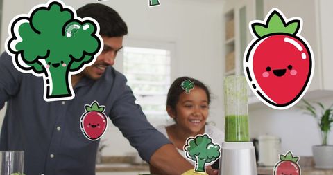 Father and Daughter Making Healthy Drink at Home with Illustrations